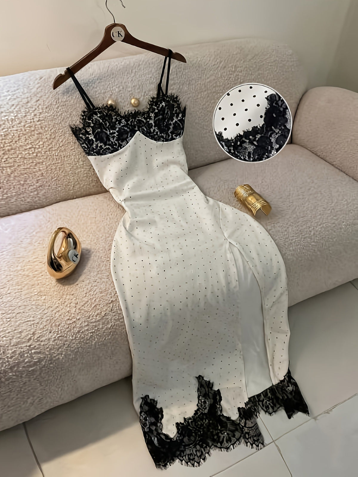 Maya High Cut Dots Night Gown - White