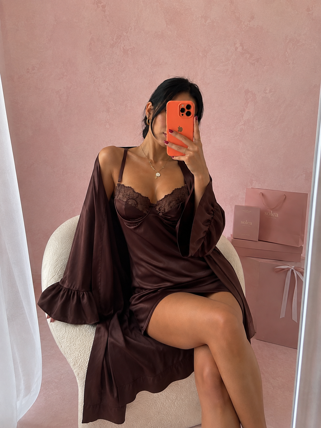 Blush Silk Night Gown + Robe - Brown