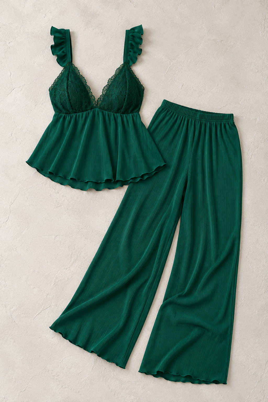 Noira Silk Lace Pajamas Set - Emerald