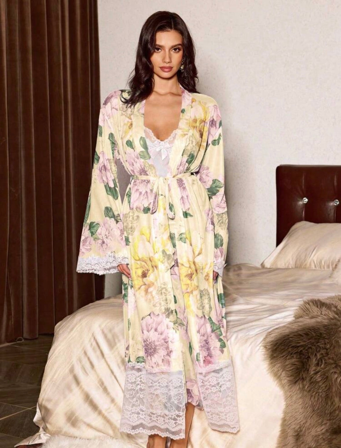 Lemon Mesh Night Gown + Robe - Yellow