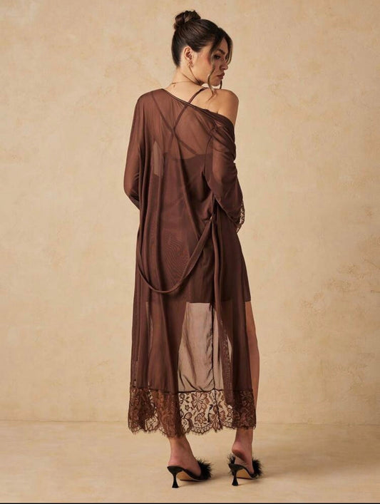 Vivienne Silk Sleepwear + Mesh Robe - Brown