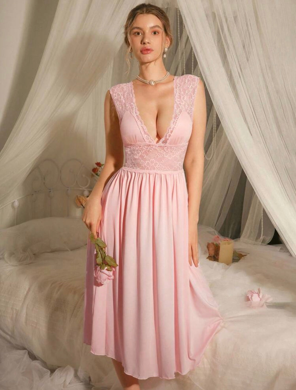Kiara Mesh Lace Night Gown - Baby Pink