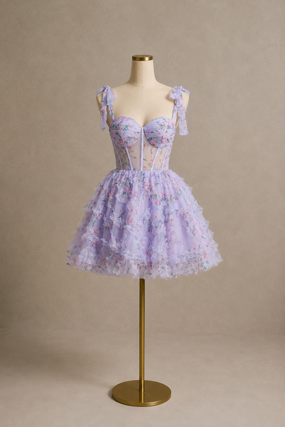 Camille Floral Embroidery Luxe Mini Dress - Lilac