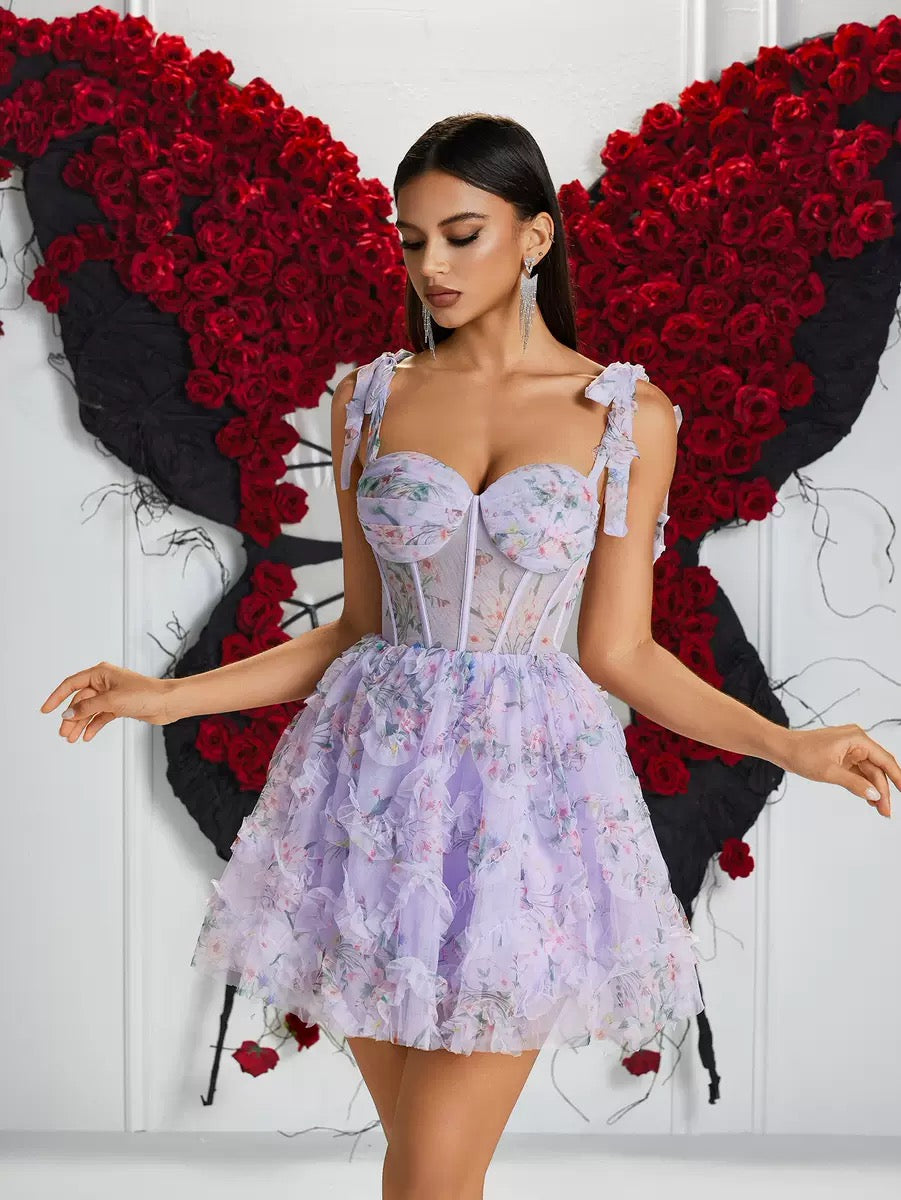 Camille Floral Embroidery Luxe Mini Dress - Lilac