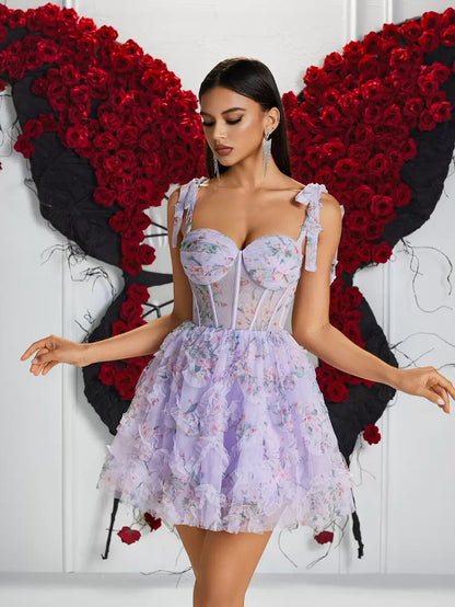 Camille Floral Embroidery Luxe Mini Dress - Lilac