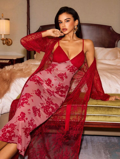 Merline Floral Night Gown + Robe - Red