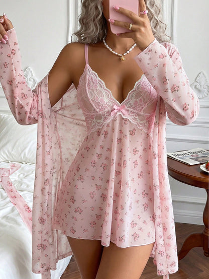 Rihanna Mesh Sleepwear + Robe - Pink
