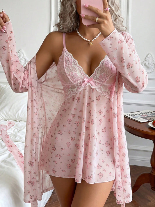 Rihanna Mesh Sleepwear + Robe - Pink