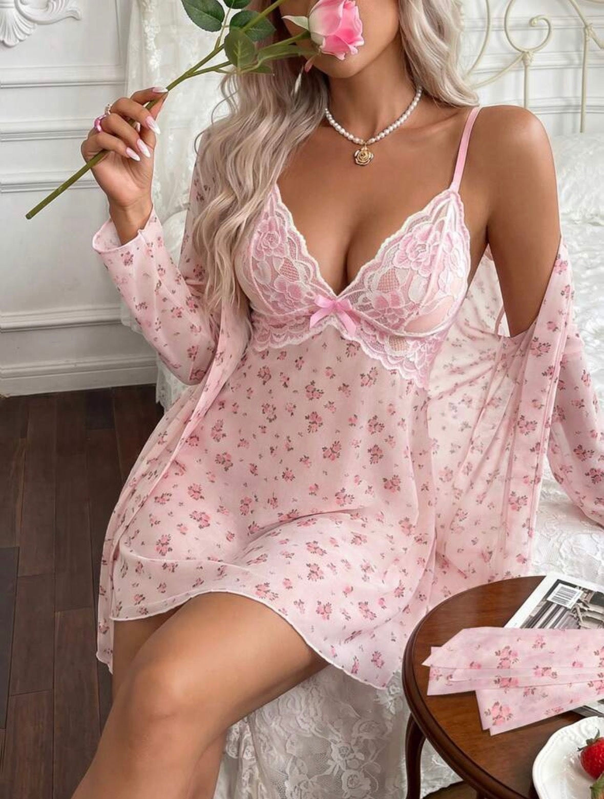 Rihanna Mesh Sleepwear + Robe - Pink