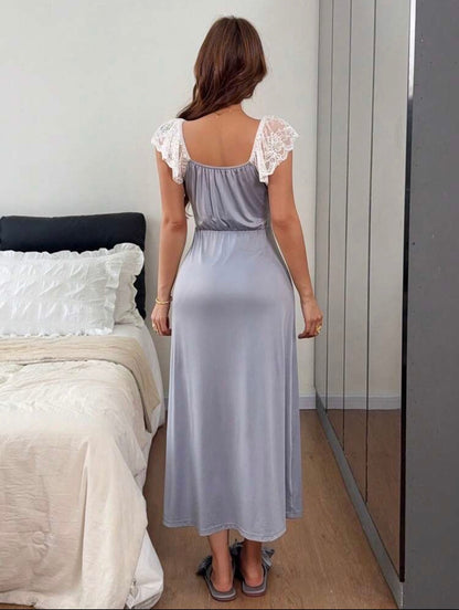 Delia Lace Silk Night Gown - Cornflower Blue