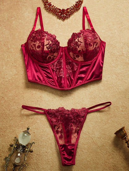 Lorenza Embroidery Bustier Set - Wine Red
