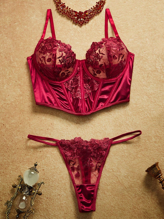 Lorenza Embroidery Bustier Set - Wine Red
