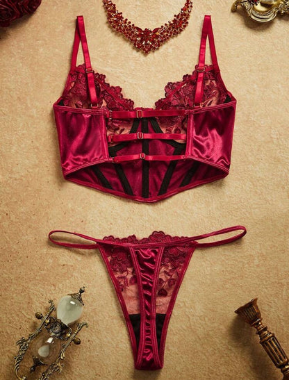 Lorenza Embroidery Bustier Set - Wine Red