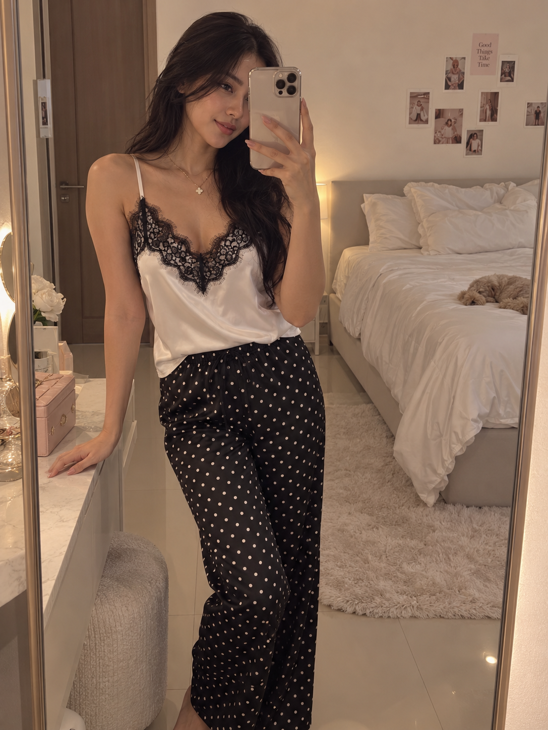 Brena Silk Lace Dots Pajamas Set