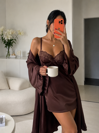 Blush Silk Night Gown + Robe - Brown