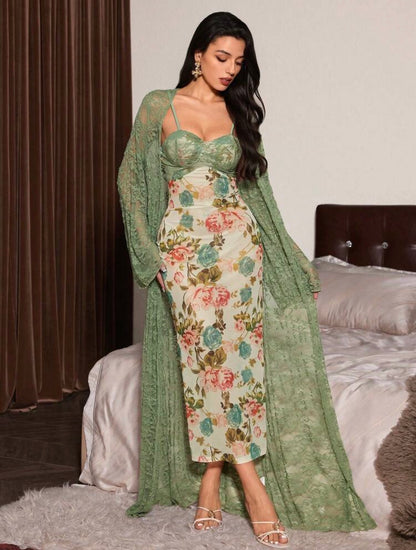 Delarossa Floral Night Gown + Robe - Sage Green