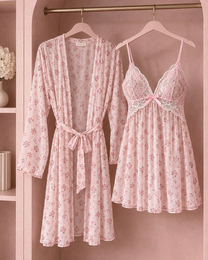 Rihanna Mesh Sleepwear + Robe - Pink