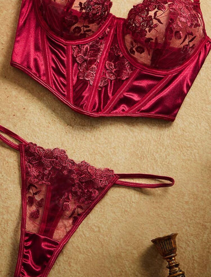 Lorenza Embroidery Bustier Set - Wine Red