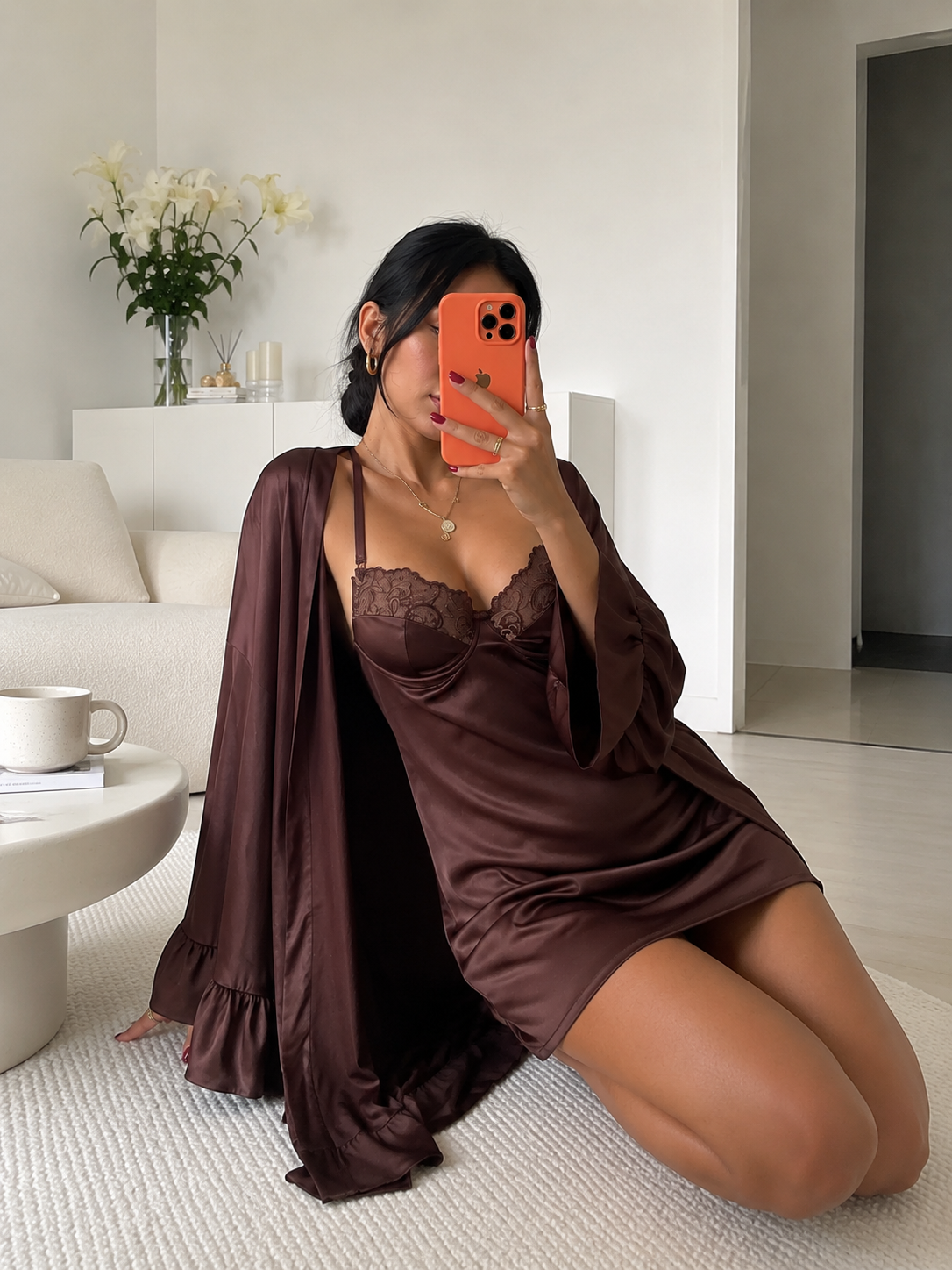 Blush Silk Night Gown + Robe - Brown