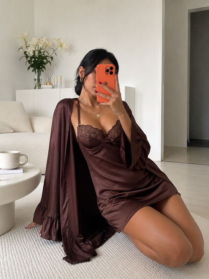 Blush Silk Night Gown + Robe - Brown