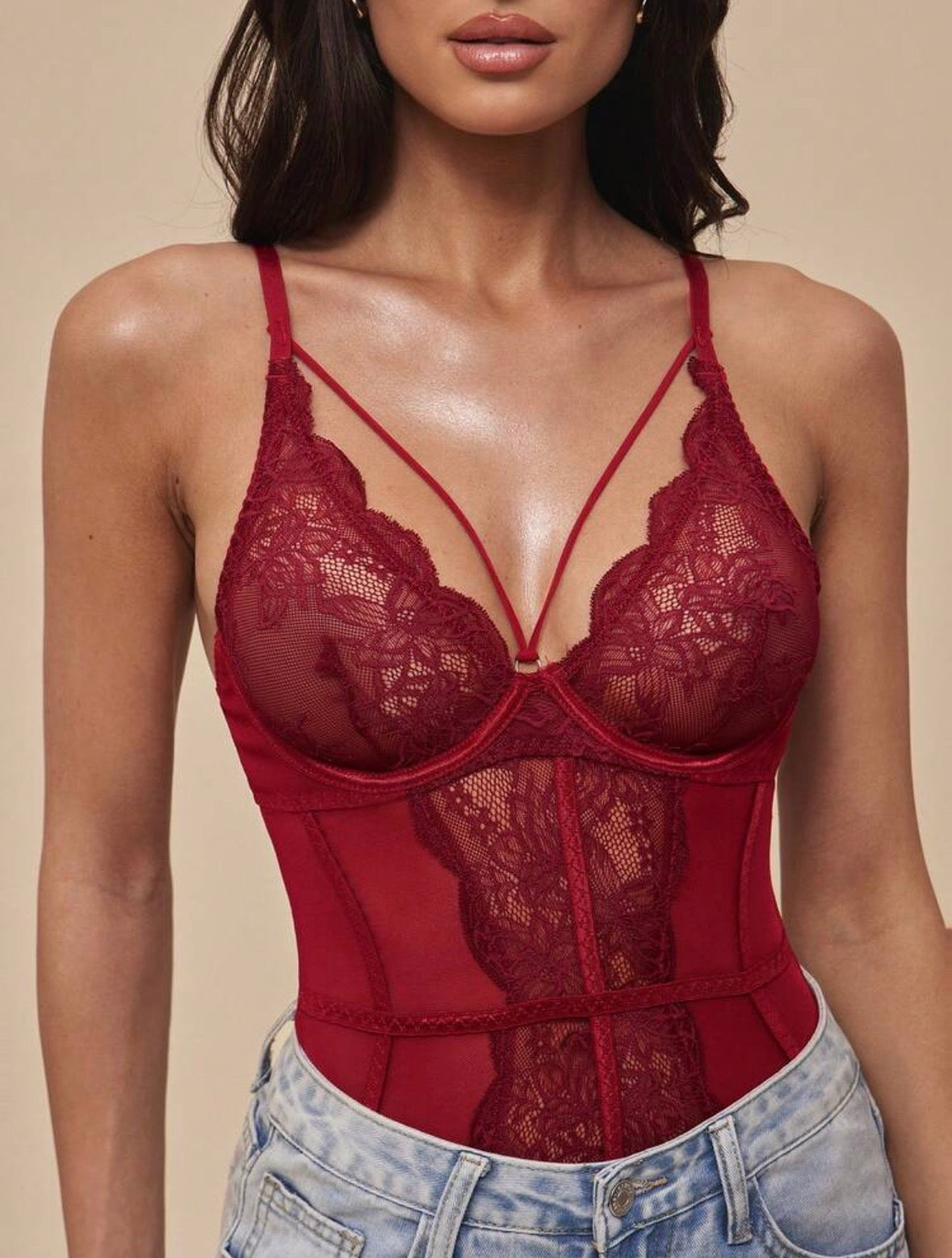 Solea Lace Mesh Bodysuit - Burgundy