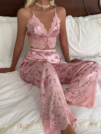 Sora Silk Lace Pajamas - Pink