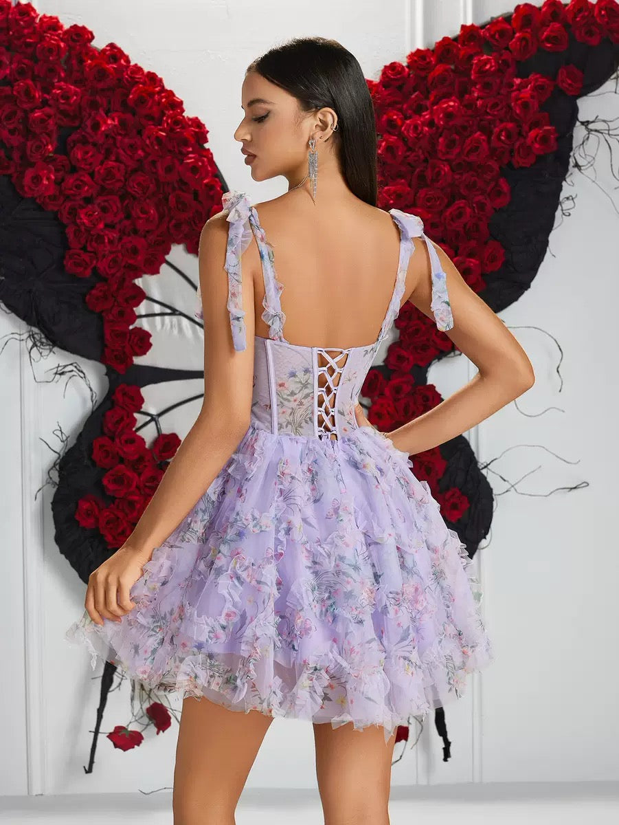 Camille Floral Embroidery Luxe Mini Dress - Lilac