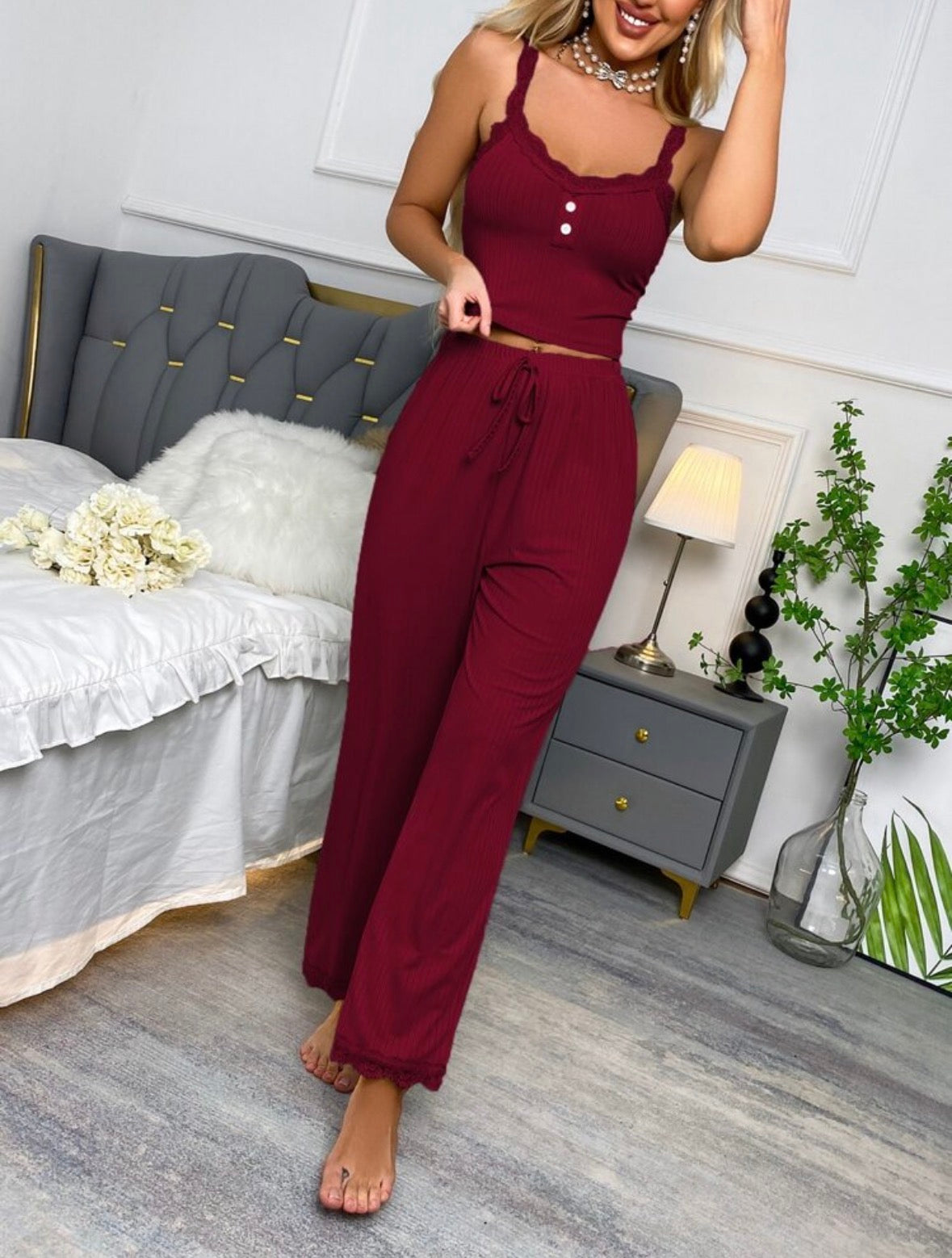 Elle Ribbed Pajamas Set - Burgundy