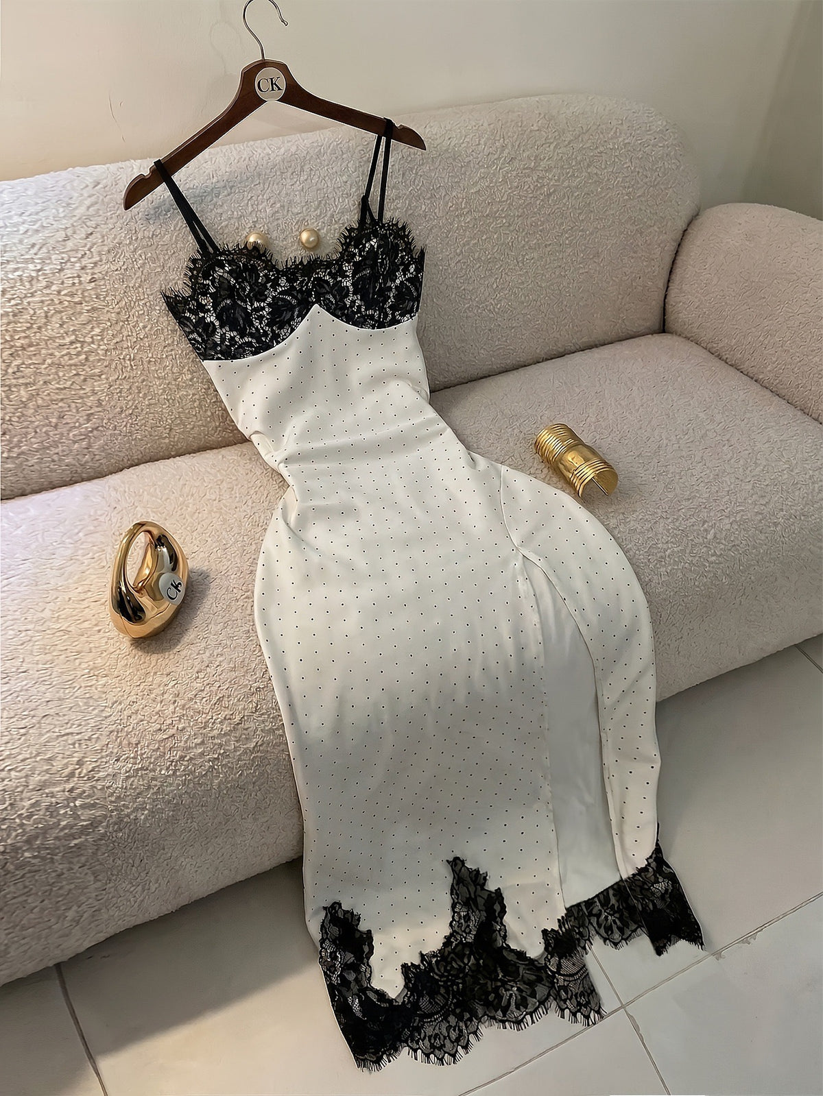 Maya High Cut Dots Night Gown - White