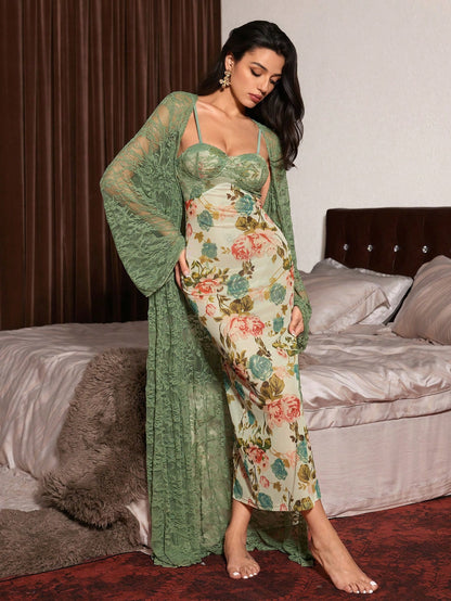 Delarossa Floral Night Gown + Robe - Sage Green