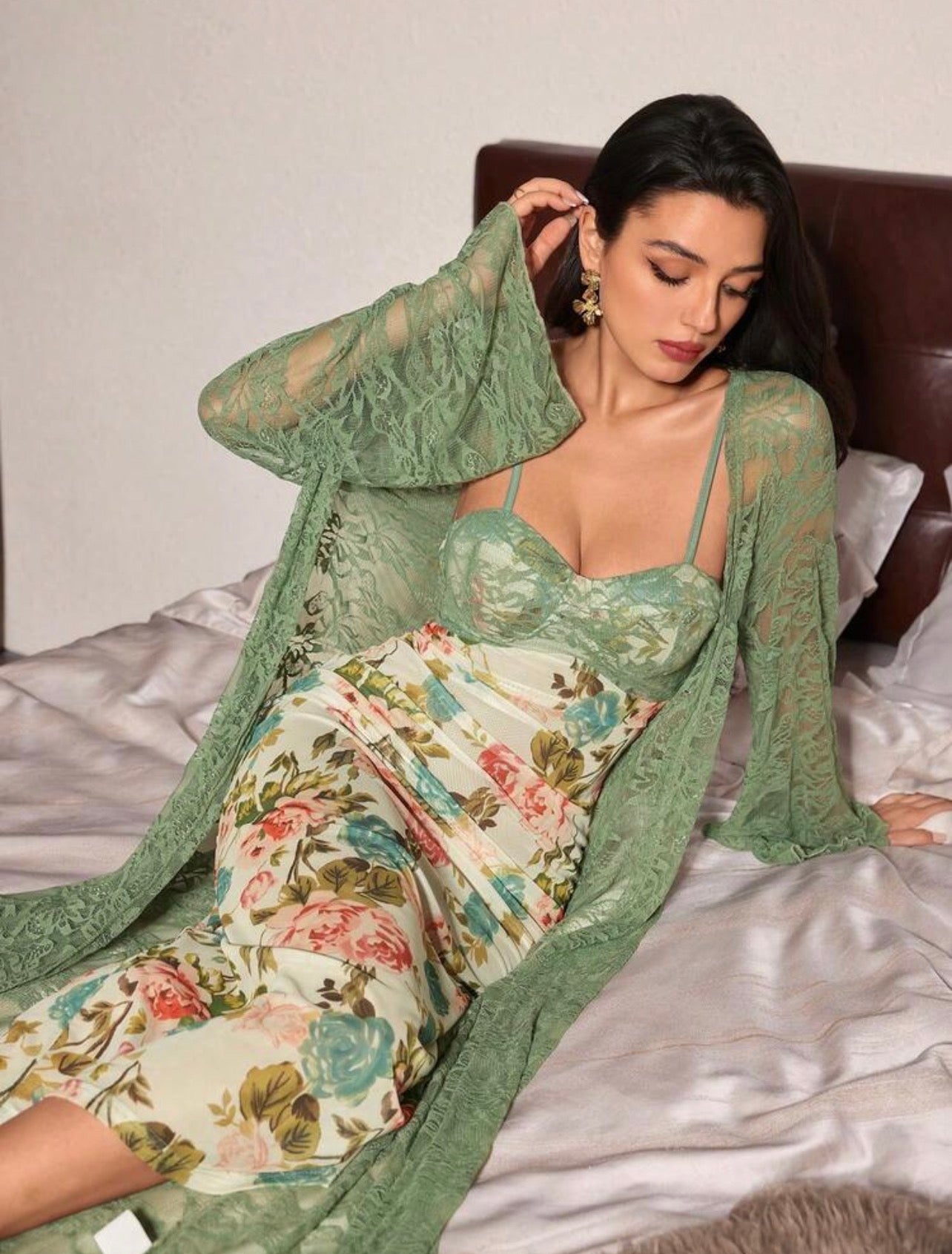 Delarossa Floral Night Gown + Robe - Sage Green