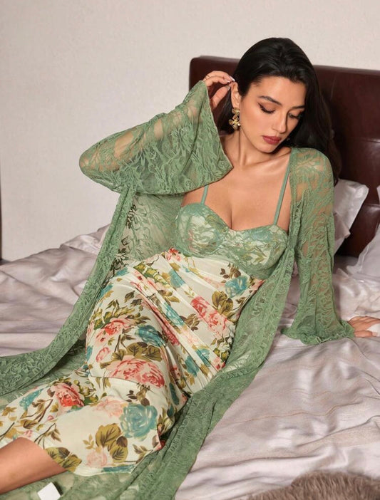 Delarossa Floral Night Gown + Robe - Sage Green
