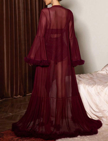 Brihanna Bodysuit Lace + Mesh Fur Robe - Burgundy