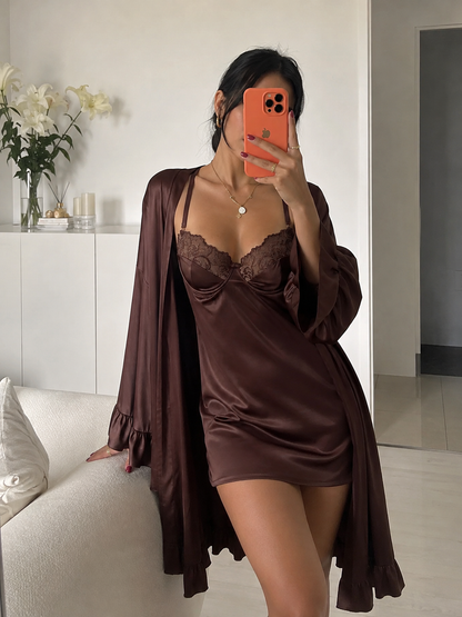 Blush Silk Night Gown + Robe - Brown