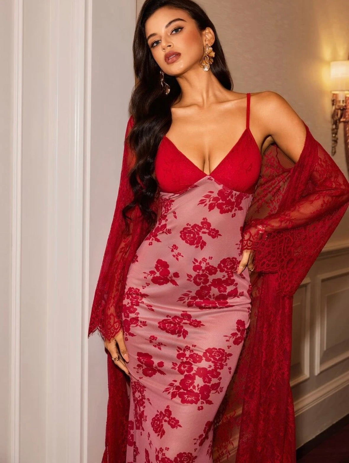 Merline Floral Night Gown + Robe - Red