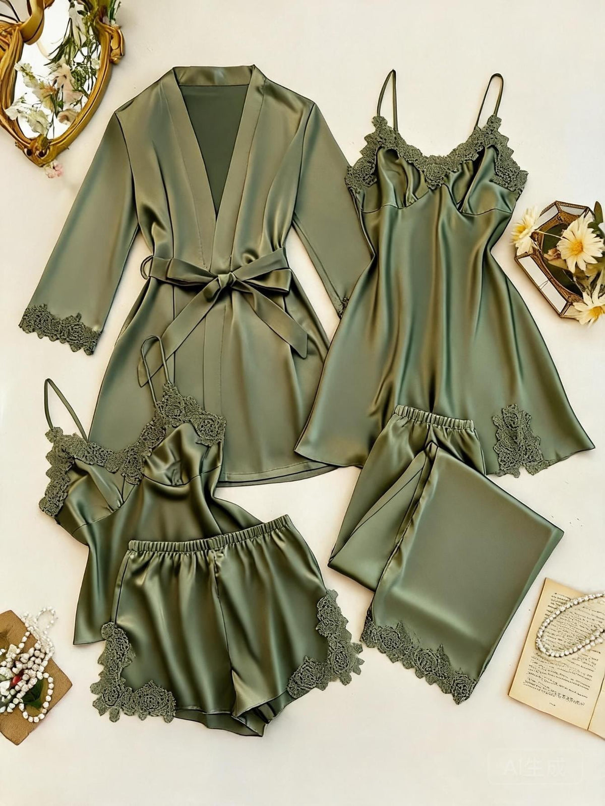 Noura Silk 5 Packs Pajamas Set - Olive