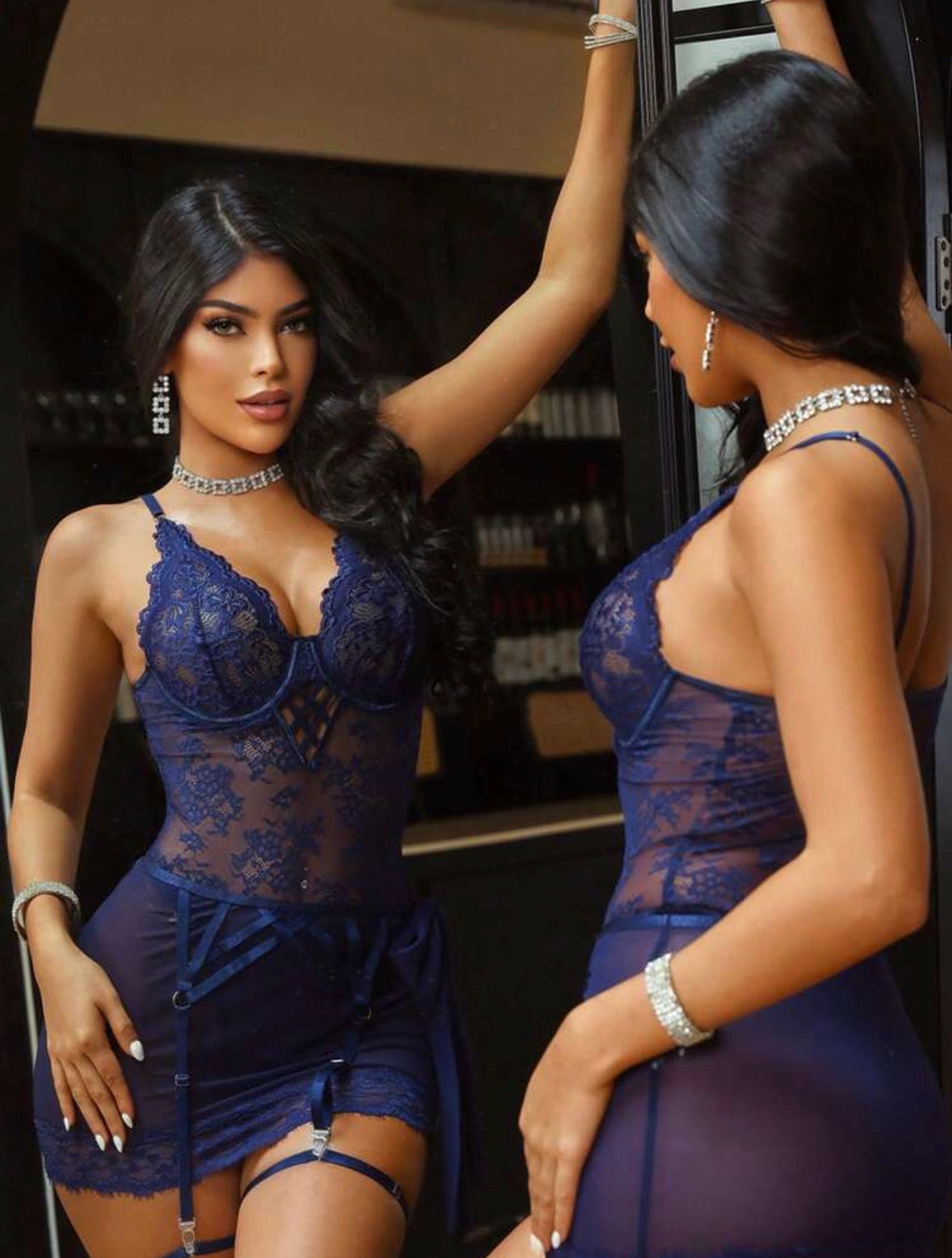 Mesha Babydoll Lace Suspender - Navy Blue