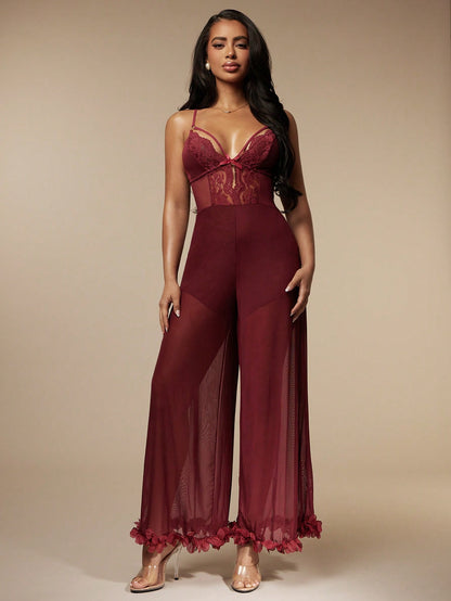 Rosalie Mesh Lace Jumpsuit - Burgundy