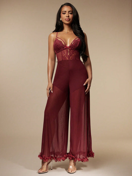 Rosalie Mesh Lace Jumpsuit - Burgundy