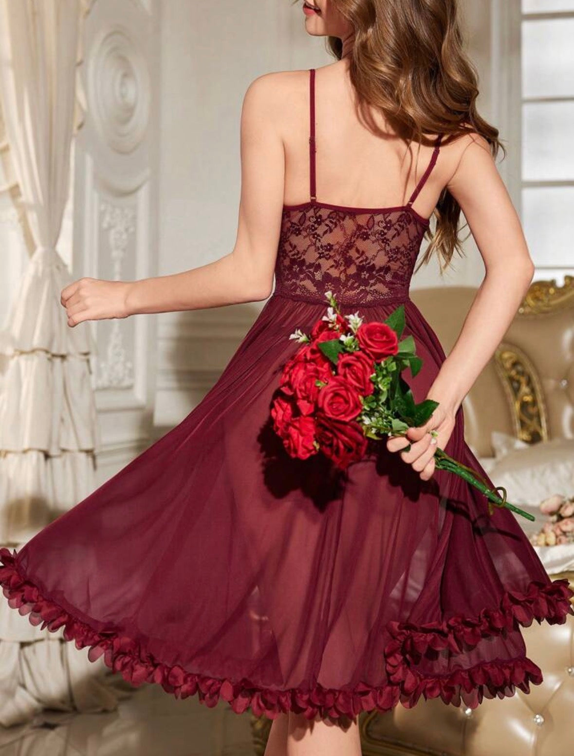 Elise Mesh Night Gown - Burgundy