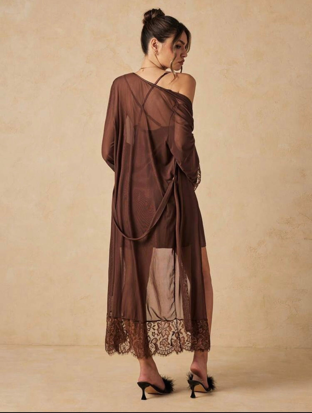 Vivienne Silk Sleepwear + Mesh Robe - Brown