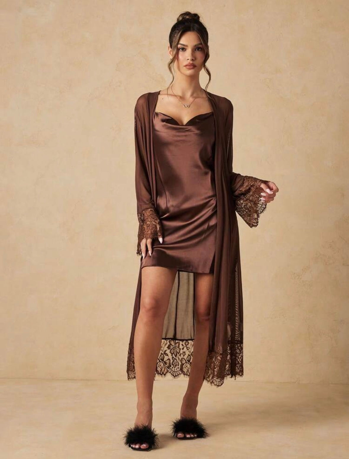 Vivienne Silk Sleepwear + Mesh Robe - Brown
