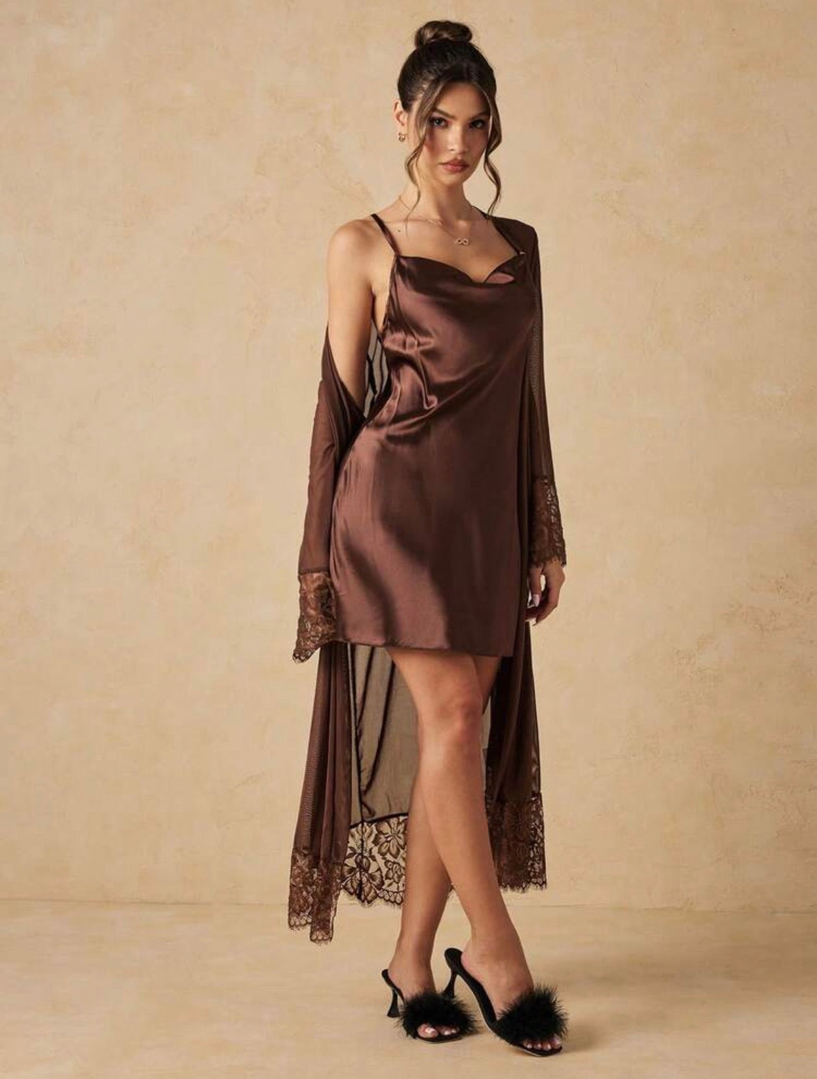 Vivienne Silk Sleepwear + Mesh Robe - Brown