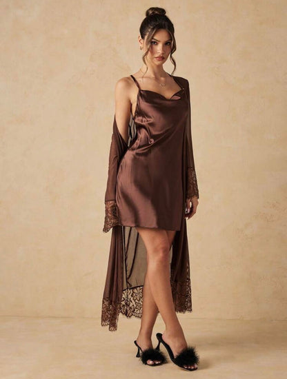 Vivienne Silk Sleepwear + Mesh Robe - Brown