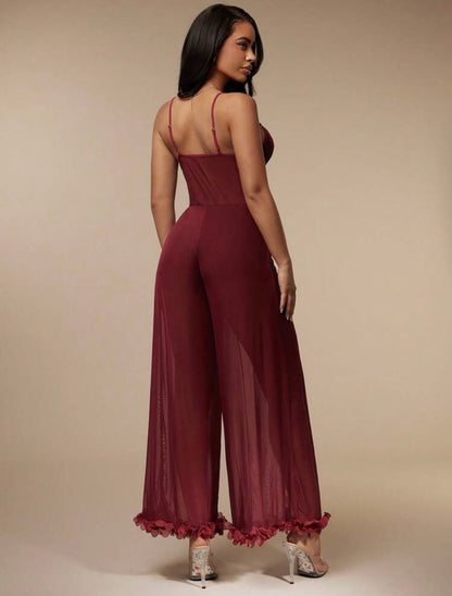 Rosalie Mesh Lace Jumpsuit - Burgundy