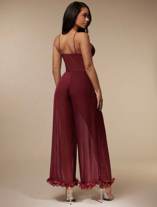 Rosalie Mesh Lace Jumpsuit - Burgundy