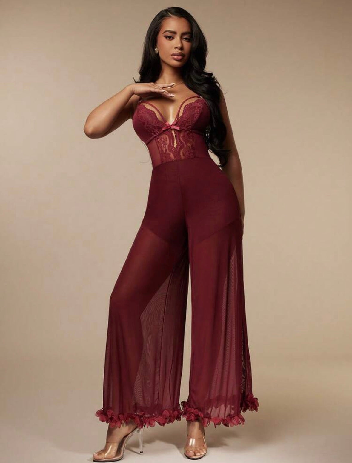 Rosalie Mesh Lace Jumpsuit - Burgundy