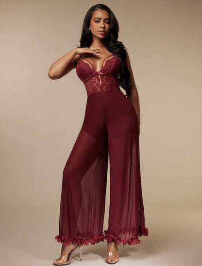 Rosalie Mesh Lace Jumpsuit - Burgundy