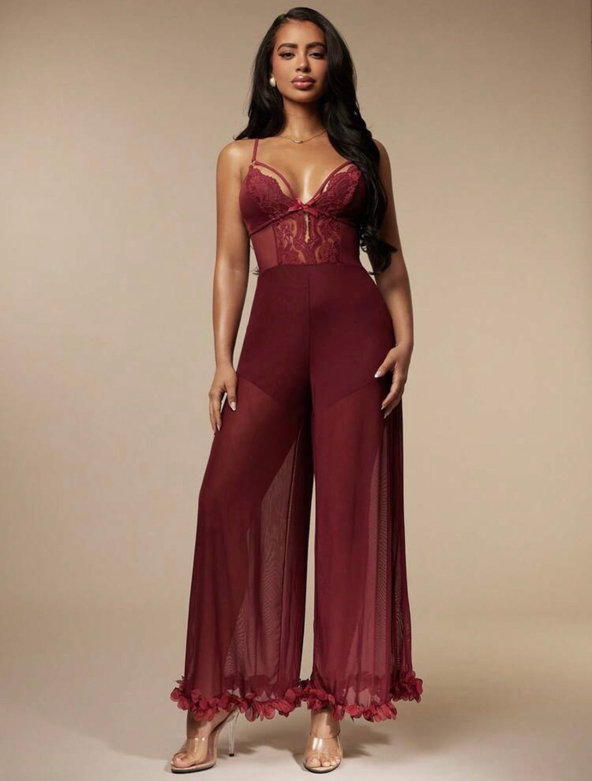 Rosalie Mesh Lace Jumpsuit - Burgundy