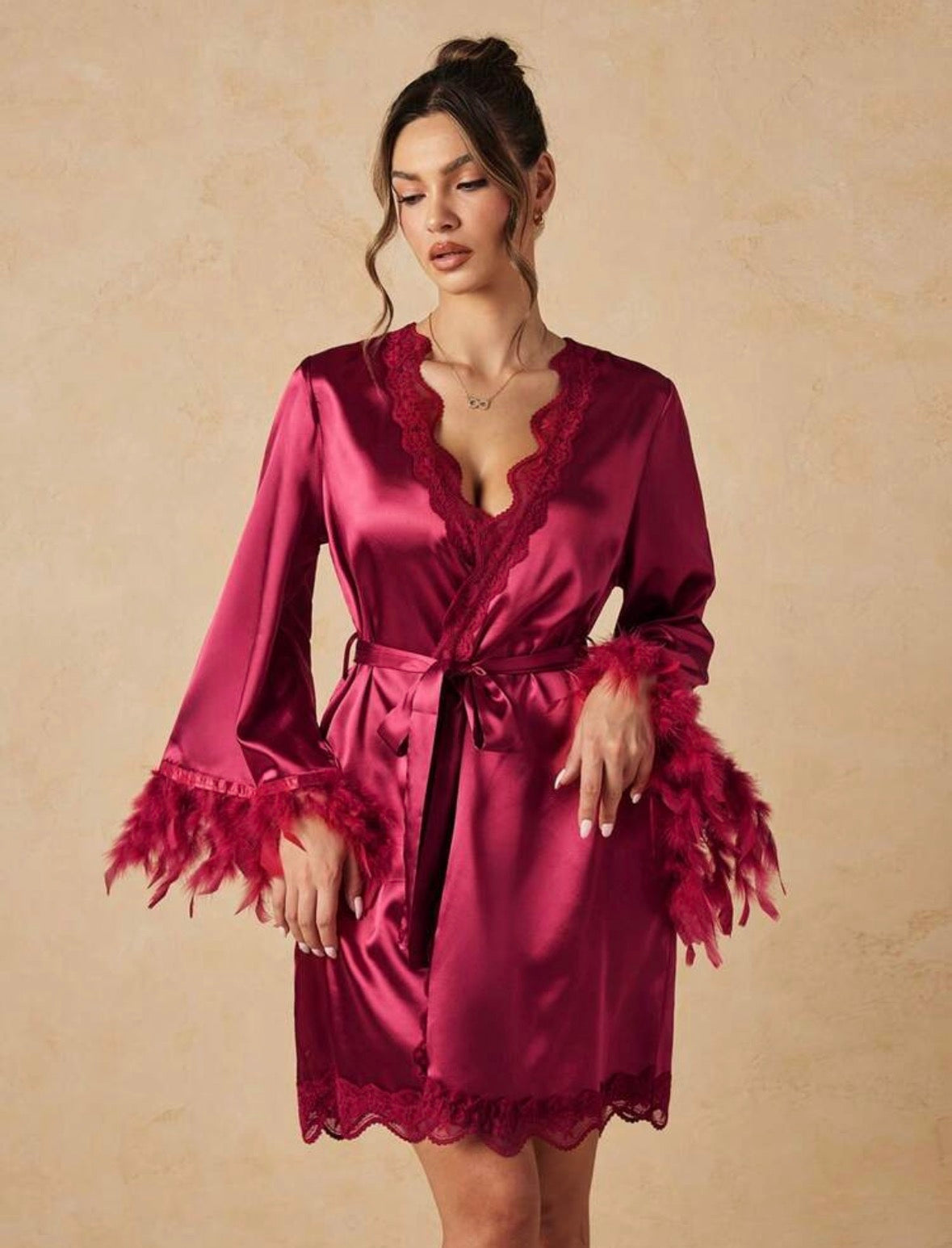 Estille Silk Fur Robe - Wine Red